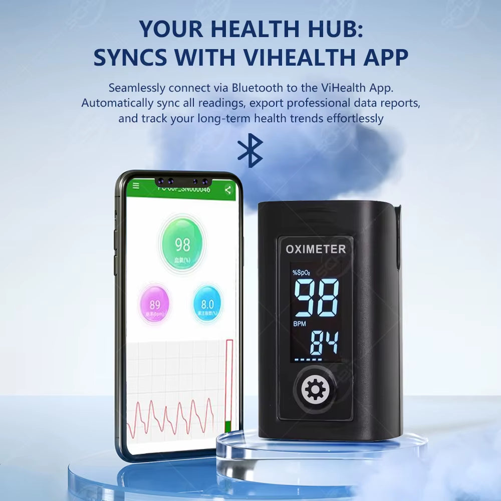 Bluetooth Finger Pulse Oximeter Sleep Monitoring with Alarm Blood Oxygen (Sp02) Heart Rate Saturation Internal Storage Log Data