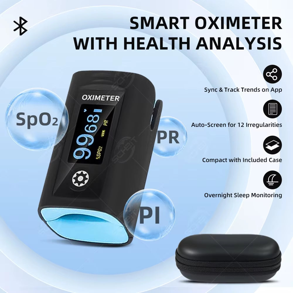 Bluetooth Finger Pulse Oximeter Sleep Monitoring with Alarm Blood Oxygen (Sp02) Heart Rate Saturation Internal Storage Log Data